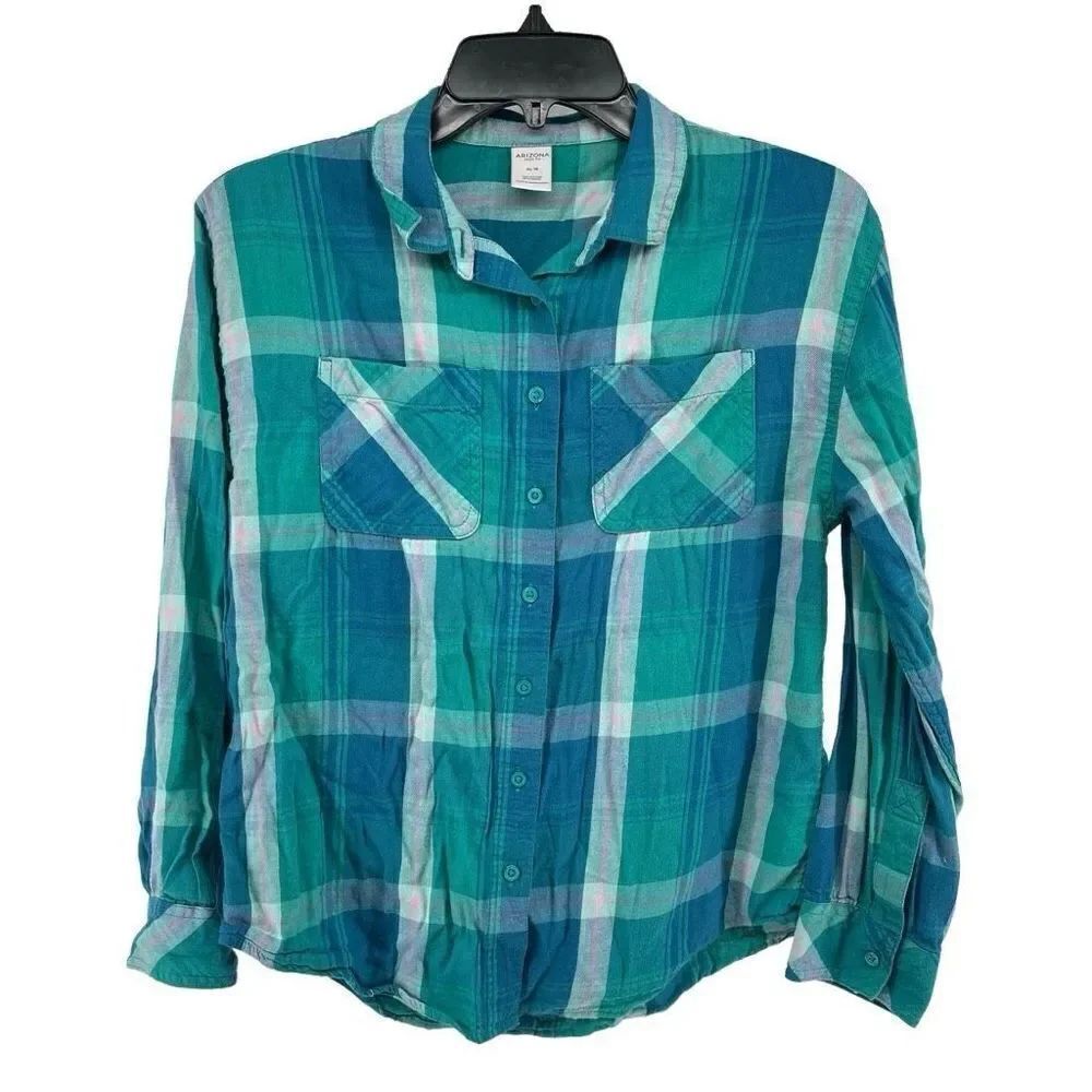 Arizona Jean Co Girl’s Green Pink Cotton Modal Plaid Button Front Top XL 16